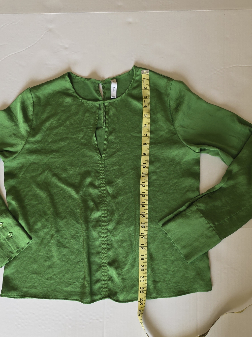 Mango Lime Green Satin Keyhole Blouse Quiet Luxury Minimalist Office Chic Top - Picture 7 of 8
